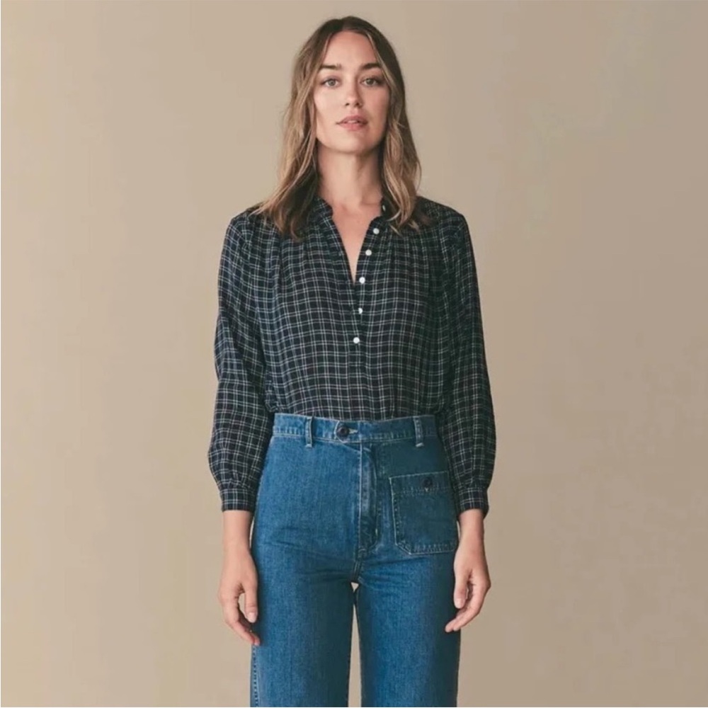 DOEN navy plaid blouse size M